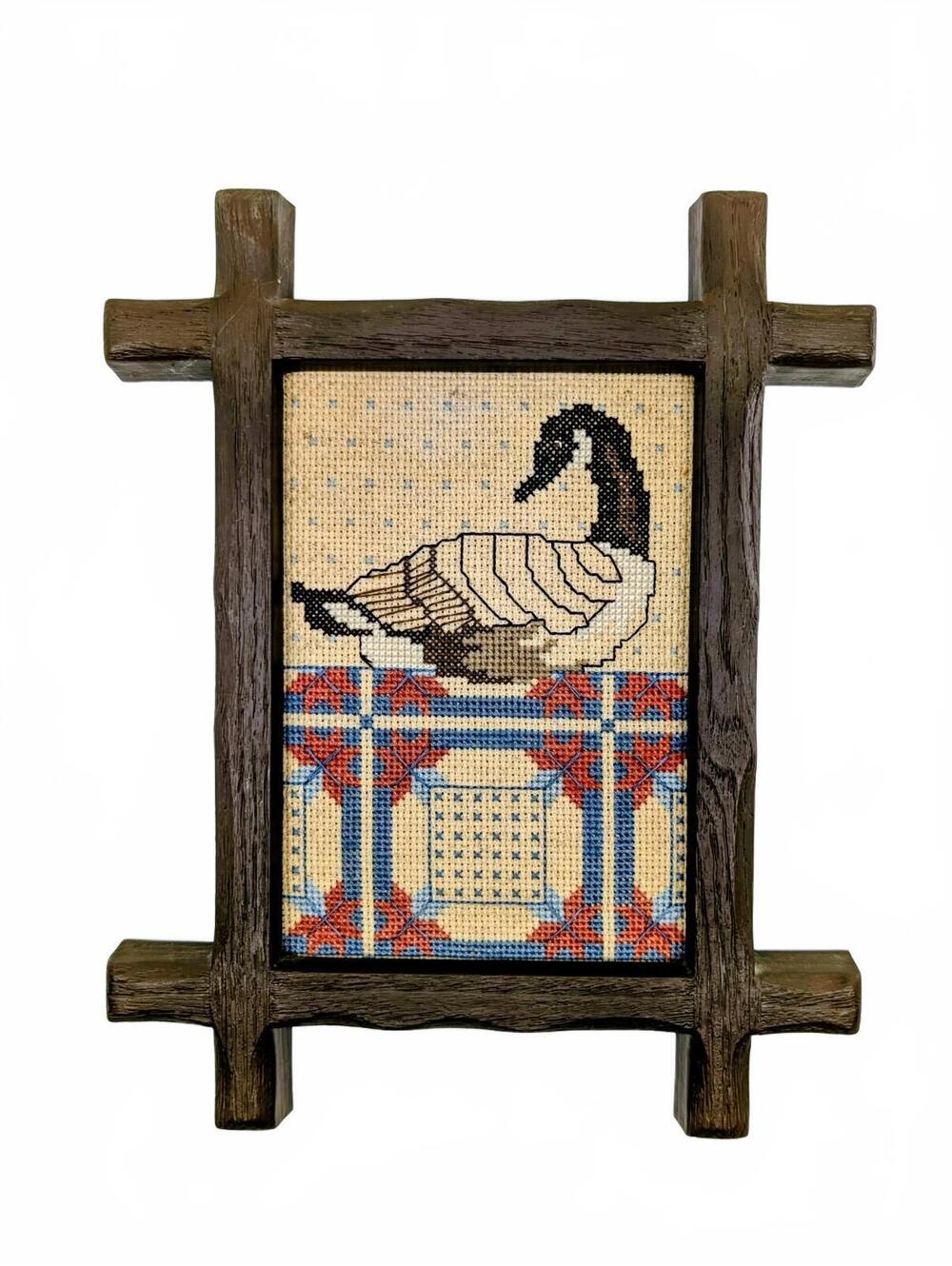 Vintage Goose Needlepoint Wall Art Rustic Country Crossbar Frame